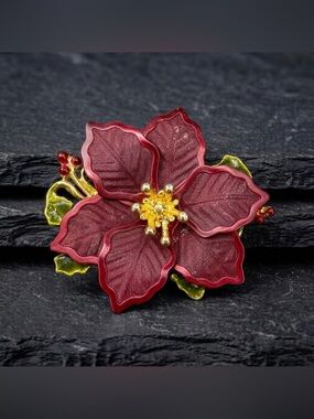 Vintage Y2K Kenneth Cole Burgundy Mesh Poinsettia Christmas Green Enamel Brooch